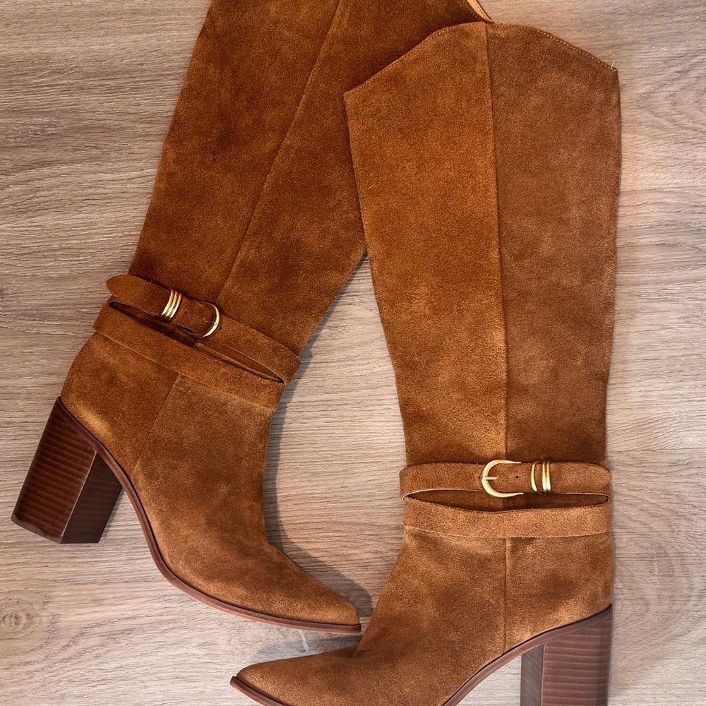 Dolce Vita Tan Suede Over-the-Knee Heeled Boots with Gold Buckle Retail $260!!